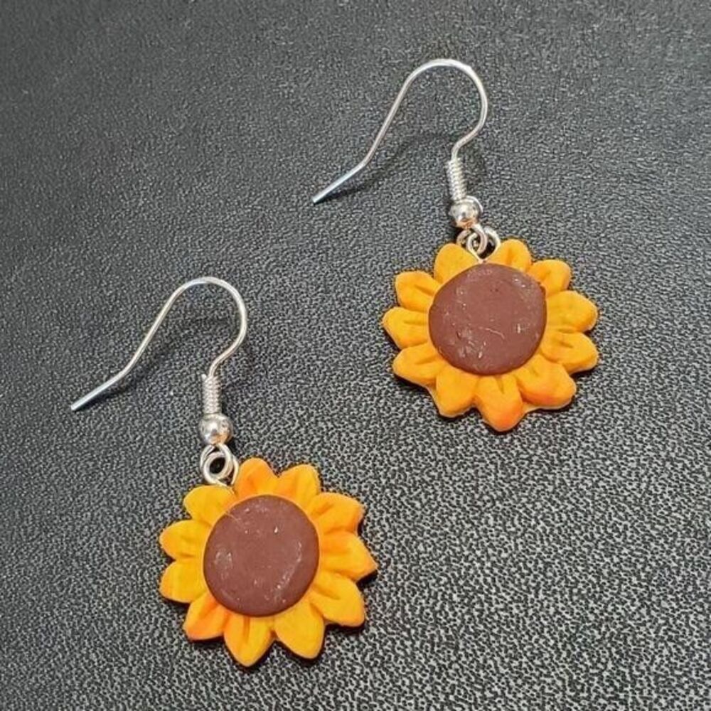 Polymer clay sunflower earrings silver tone yellow brown